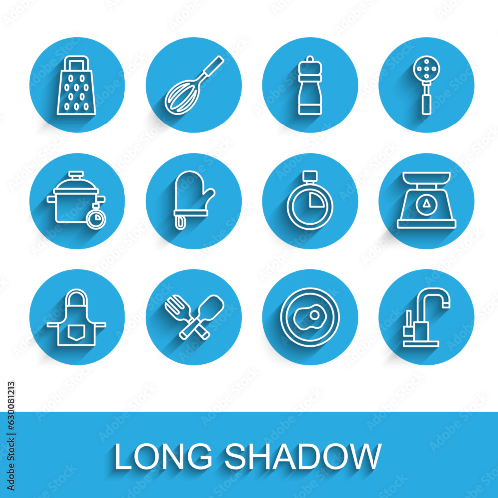 Set line Kitchen apron, Crossed fork and spoon, Grater, Scrambled eggs, Water tap, Oven glove, Scales and Stopwatch icon. Vector Set line Kitchen apron, Crossed fork and spoon, Grater, Scrambled eggs, Water tap, Oven glove, Scales and Stopwatch icon. Vector