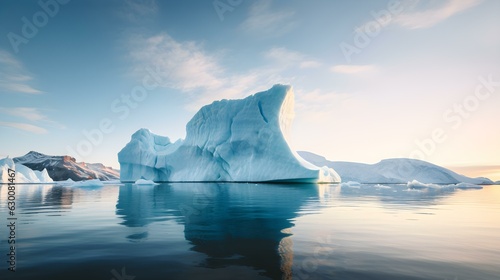 A Majestic Iceberg Surrounded by Ice Floes and a Glacier in the Background. The Sky is Clear and the Water is Reflecting the Light from the Sun.