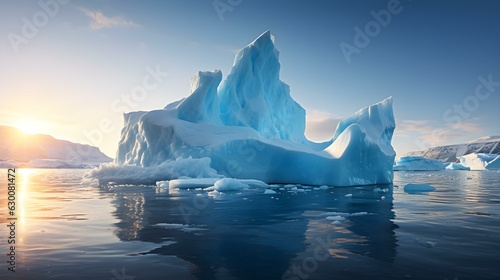 A Majestic Iceberg Surrounded by Ice Floes and a Glacier in the Background. The Sky is Clear and the Water is Reflecting the Light from the Sun.
