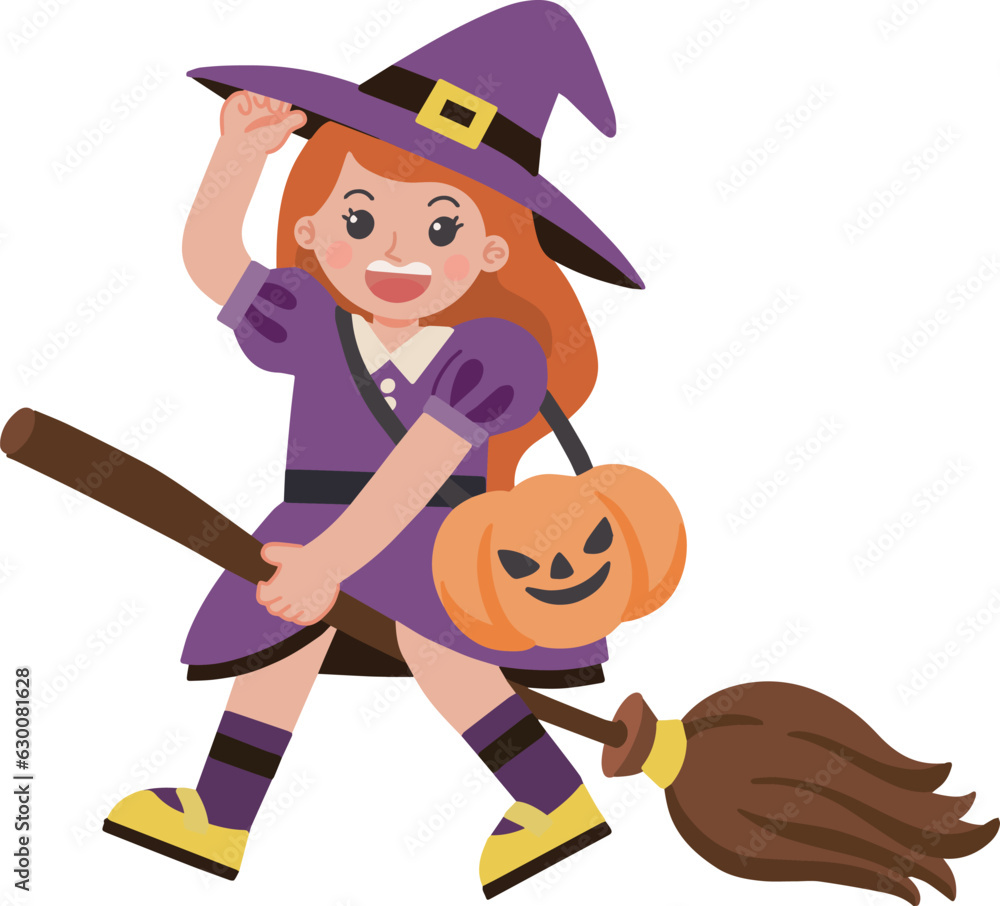 Cute girl celebrate Halloween party with purple witch riding a broom costume
