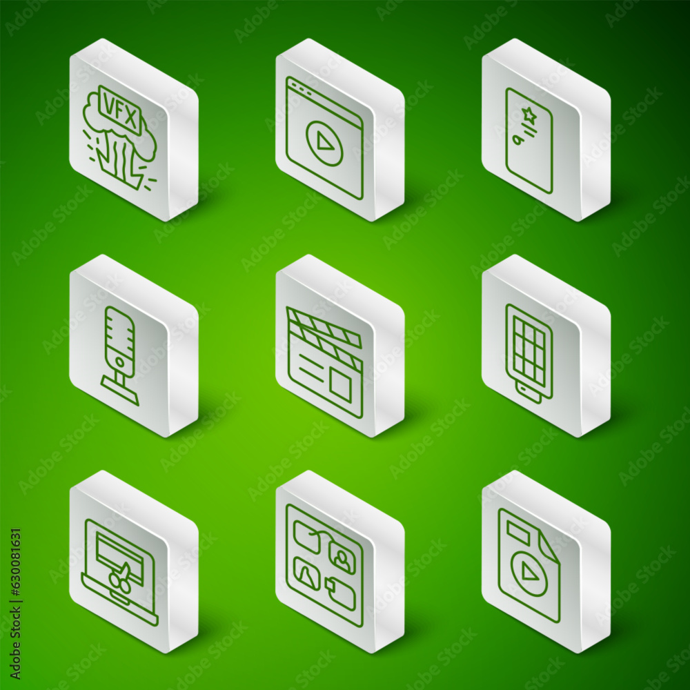 Set line AVI file document, Storyboard, VFX, Movie clapper, Microphone, Online play video, Video recorder laptop and Softbox light icon. Vector Set line AVI file document, Storyboard, VFX, Movie clapper, Microphone, Online play video, Video recorder laptop and Softbox light icon. Vector