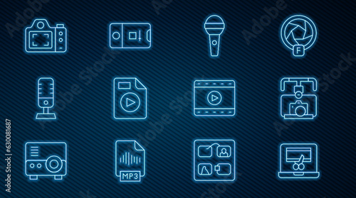 Set line Video recorder on laptop, Gimbal stabilizer with camera, Microphone, AVI file document, Photo, Play and and video shooting icon. Vector