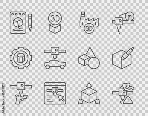 Set line 3D printer gun, warning, Printing house industry, setting, Sketch on paper, car, Isometric cube and 3d pen tool icon. Vector