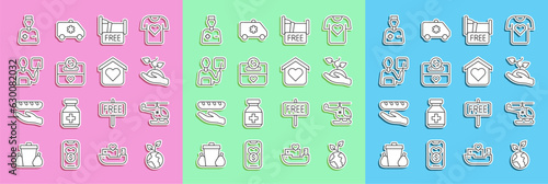 Set line Volunteer team planting trees, Rescue helicopter, Free overnight stay house, Donation and charity, Teacher, Male doctor and Shelter for homeless icon. Vector