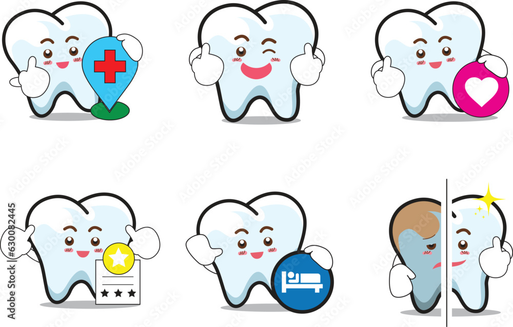 Cute cartoon tooth vector set illustration