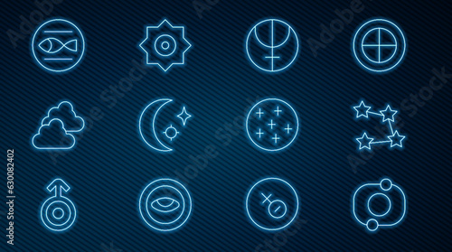 Set line Solar system, Star constellation zodiac, Neptune planet, Moon and stars, Cloudy weather, Pisces, Full moon and Falling icon. Vector