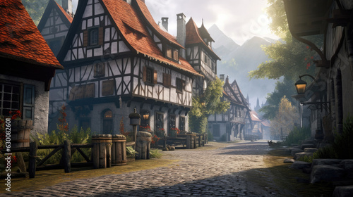 An illustration of a german middleage village with half-timbered houses and cobblestones.