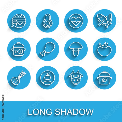 Set line Onion, Apple, Vegan food diet, Cow head, Chicken leg, Tomato and Mushroom icon. Vector