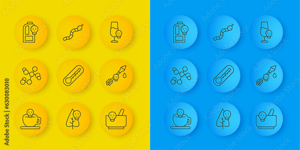 Set line Coffee cup with skull, Chemical formula, Thermometer, Mortar and pestle, Poison on the arrow, Beaker toxic liquid, Poisoned alcohol and Snake icon. Vector Set line Coffee cup with skull, Chemical formula, Thermometer, Mortar and pestle, Poison on the arrow, Beaker toxic liquid, Poisoned alcohol and Snake icon. Vector