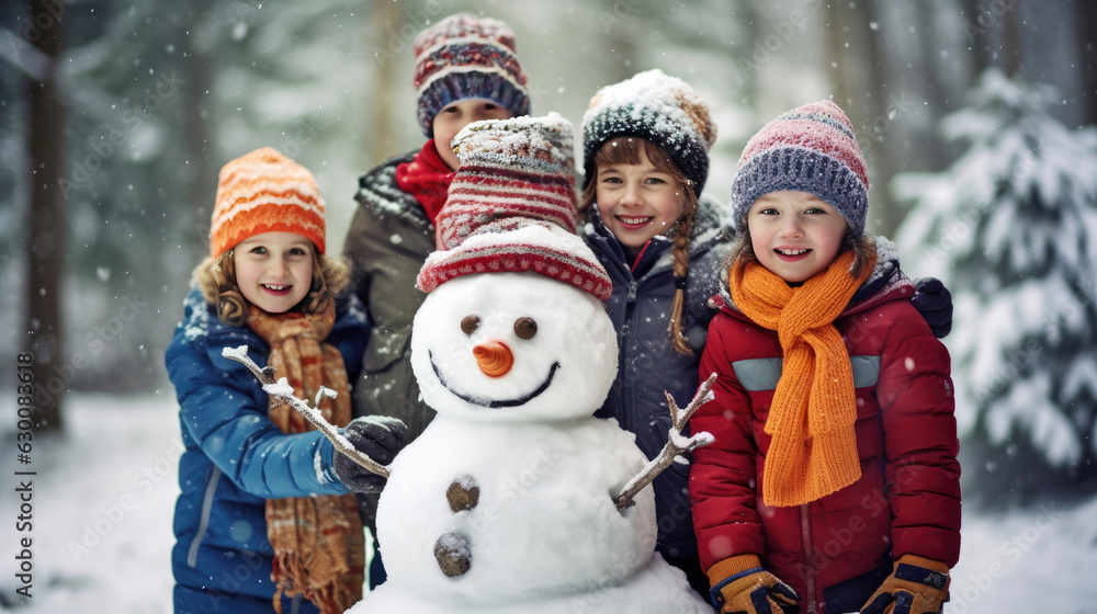A group of children happily decorated a snowman with colorful scarves, hats and accessories. Snowman and children during christmas winter A group of children happily decorated a snowman with colorful scarves, hats and accessories. Snowman and children during christmas winter