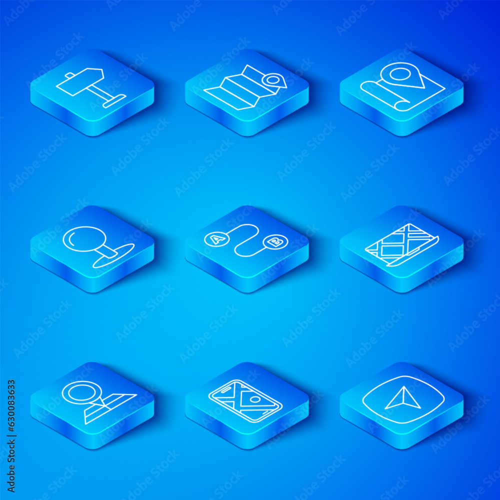 Set line Folded map with location marker, Route, City navigation, Push pin, Road traffic sign and icon. Vector Set line Folded map with location marker, Route, City navigation, Push pin, Road traffic sign and icon. Vector