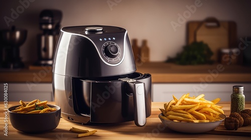 Modern electric machine with French fries on the table in the kitchen