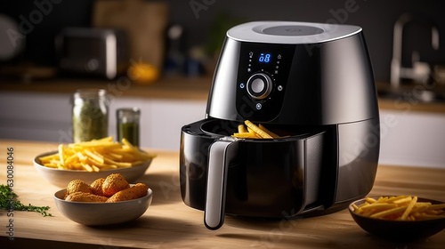 Modern electric machine with French fries on the table in the kitchen