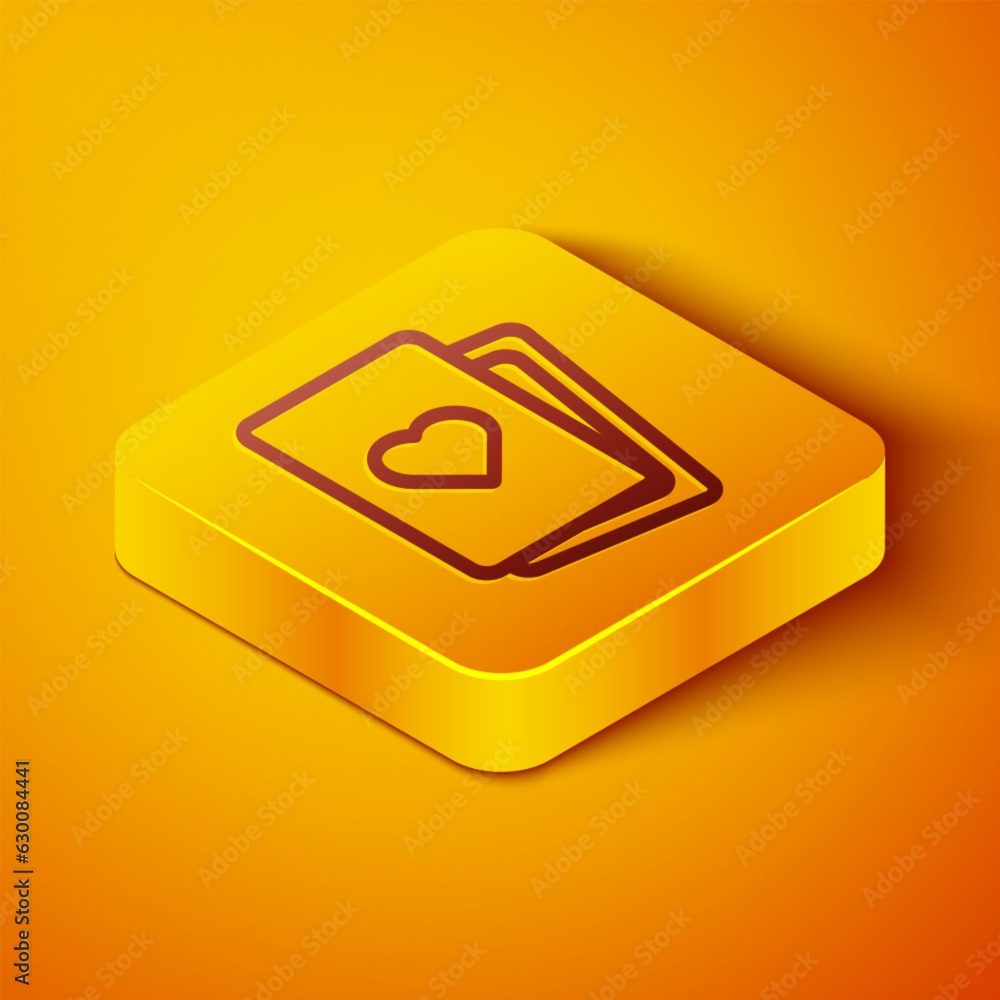 Isometric line Deck of playing cards icon isolated on orange background. Casino gambling. Yellow square button. Vector Isometric line Deck of playing cards icon isolated on orange background. Casino gambling. Yellow square button. Vector