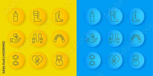 Set line Dumbbell, Boxing glove, Jump rope, Weight, Mouth guard boxer, Punching bag, Sport boxing shoes and icon. Vector