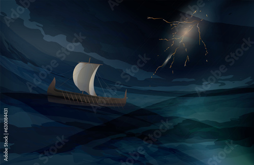 Old ship in the storm. Thunder and storm at the sea. Jonah and the large fish. Jonah 1-3. The prophet Jonah  book. Vector illustration. Bible stories. Old testament. 