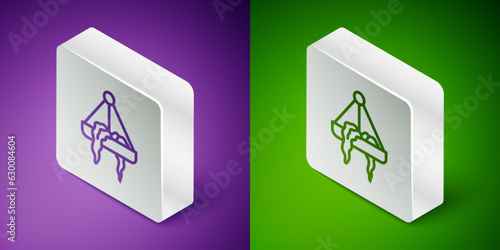 Isometric line Plant in hanging pot icon isolated on purple and green background. Decorative macrame handmade hangers for flower pot, hang indoor plants. Silver square button. Vector
