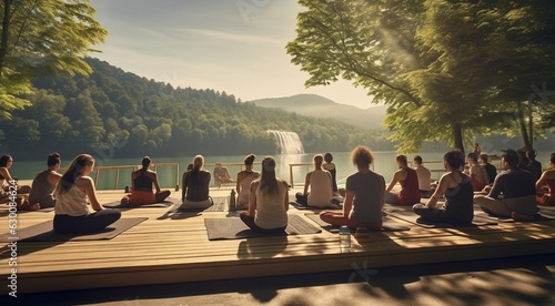 group of people doing yoga exercise in outside