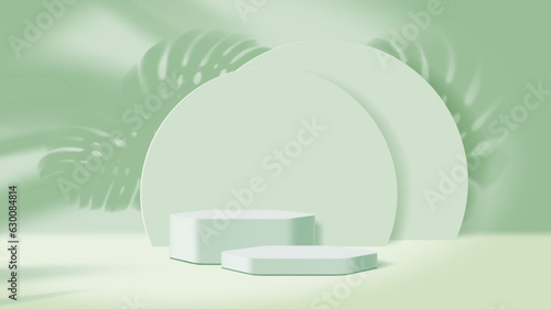 Light green podium stage or pedestal with monstera leaves for cosmetics display, vector background. Cosmetics product podium pedestals with palm leaf shadow, stage platform or showcase display photo