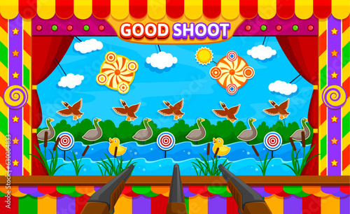 Carnival shoot game, amusement park booth. Cartoon vector duck hunt funfair or circus shooting fairground entertainment. Small stall with drake birds, targets, pond with waves and rifle guns in row