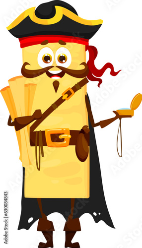 Фотография Cartoon lasagna italian pasta pirate and corsair character armed with a compass and map scrolls, navigating the seas in search of the most delicious pasta recipes