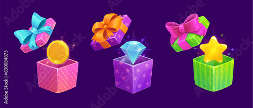 Game gift boxes. Cartoon bonus, present and reward prize icon. Vector open surprise packs with sparkles, golden coin, star and diamond gui assets. Isolated colorful packages decorated with ribbon bows