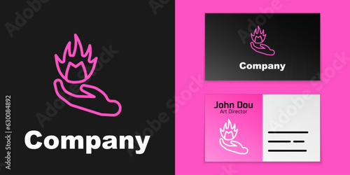 Pink line Hand holding a fire icon isolated on black background. Logo design template element. Vector