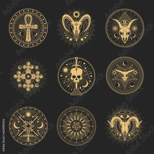 Occult and esoteric pentagram, magic tarot symbols. Vector signs of ankh cross and pyramid. Occultism all seeing eye symbol, Baphomet skull and celestial moon ritual signs with esoteric heptagrams