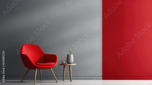 Red modern chair in empty room with shadow on wall