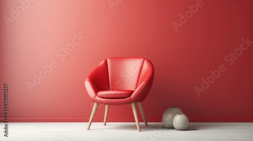 Red modern chair in empty room with shadow on wall