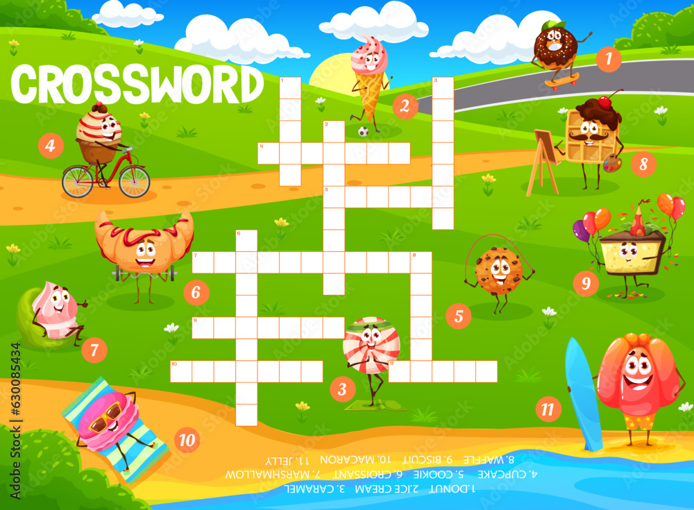 Fototapeta premium Crossword grid cartoon candy and dessert characters on summer meadow. Quiz game with vector donut, ice cream, caramel, cupcake, cookie and croissant, marshmallow, waffle or biscuit, macaroon and jelly