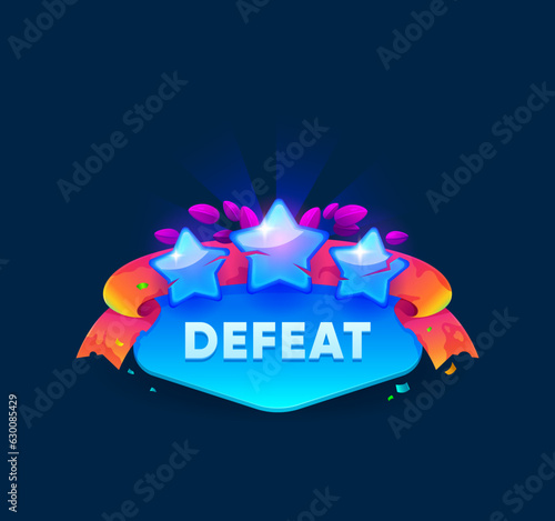 Defeat game badge or shield for UI of battle level lose label, vector icon. Defeat banner with torn ribbon and stars, arcade game button for level fail, game app GUI interface popup element