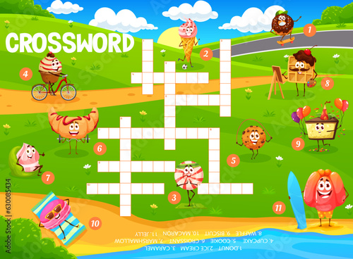 Crossword grid cartoon candy and dessert characters on summer meadow. Quiz game with vector donut, ice cream, caramel, cupcake, cookie and croissant, marshmallow, waffle or biscuit, macaroon and jelly