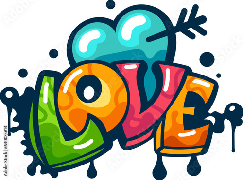 Love graffiti in street art or urban style, heart and arrow in color paint spray, vector sign. Love graffiti by airbrush or ink calligraphy artistic text, heart with arrow in urban style or street art