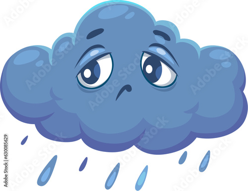 Cartoon cute rainy cloud weather character with rain droplets falling from its bottom. Isolated vector personage for stormy day forecast. Stylized sad whimsical eddy with dull sad face expression