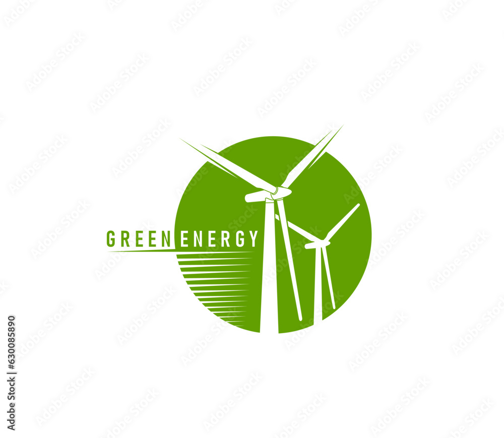 Wind turbine icon. Green energy. Clean energy generation industry wind turbine symbol, green power source generator tower or ecological electricity production innovation vector round emblem or sign Wind turbine icon. Green energy. Clean energy generation industry wind turbine symbol, green power source generator tower or ecological electricity production innovation vector round emblem or sign
