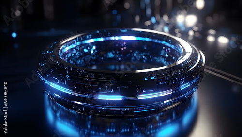 Generative AI of a futuristic torus, circular loop, quantum computer, ring with blue lights in the background, realistic hyper-detailed rendering, qbits, 8K wallpaper, desktop background