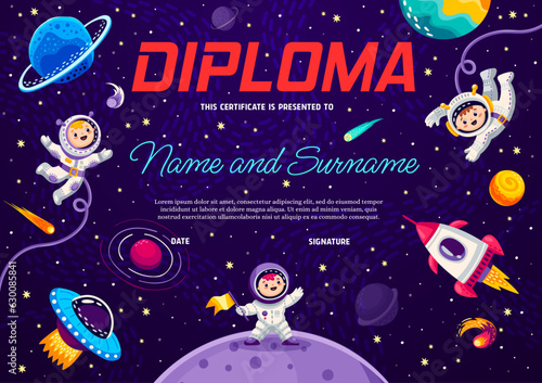 Kids astronaut diploma with cartoon spacemen, rocket and planets in starry galaxy outer space, vector certificate award. Kids on planet or galactic spaceship in sky on school or kindergarten diploma