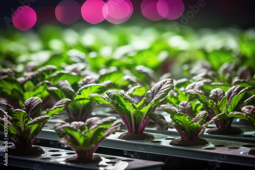 Closeup of hydroponics under special LED light. Creative wallpaper on growing microgreens and sprout plants at home. Blurred backdrop, green leaves.
