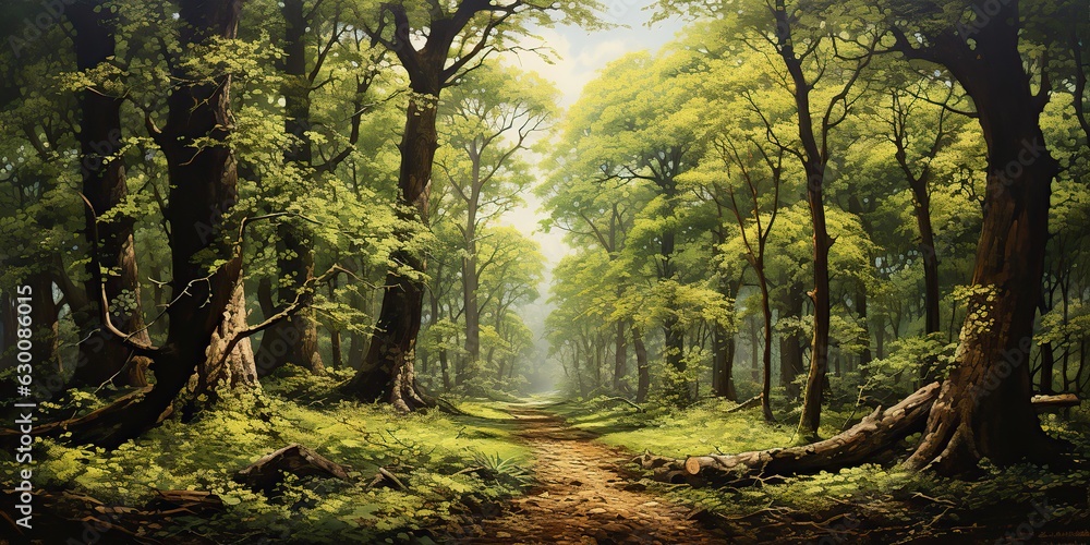 Obraz premium AI Generated. AI Generative. Green summer spring forest tree park garden nature outdoor adventure landscape background with path road. Hiking travel wild decoration