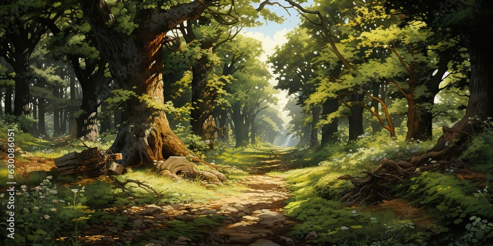 custom made wallpaper toronto digitalAI Generated. AI Generative. Green summer spring forest tree park garden nature outdoor adventure landscape background with path road. Graphic Art