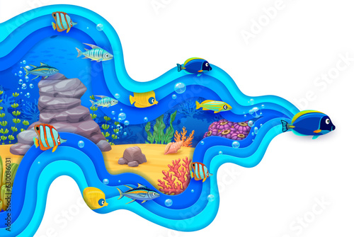 Sea paper cut underwater landscape with tropical fishes. Cartoon vector marine life scene background with colorful or playful undersea world creatures inside of 3d layered frame in shape of water flow