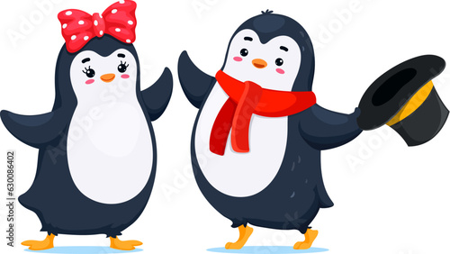 Cartoon cute funny penguin characters. Adorable birds couple, boy wear top hat and scarf and girl with bow on head. Isolated vector friendly personages bring laughter and joy with their playful antics