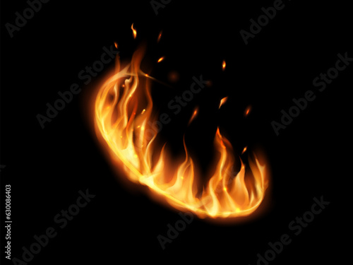 Fire flames on ring, isolated 3d vector round frame with realistic burning tongues and sparks. Circular border with glow effect. Yellow fiery platform or magic portal perspective angle view isolated