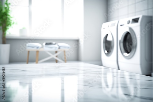 Laundry room interior with white marble floor and washing machine