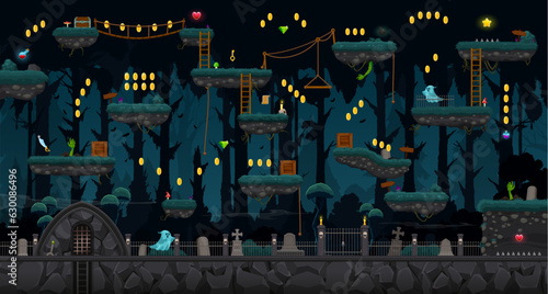 Cemetery game level map, ui vector night graveyard background with monsters on jumping platforms, ghosts wander among the graves, creepy trees, wooden ladders and trunks, bonus coins and assets