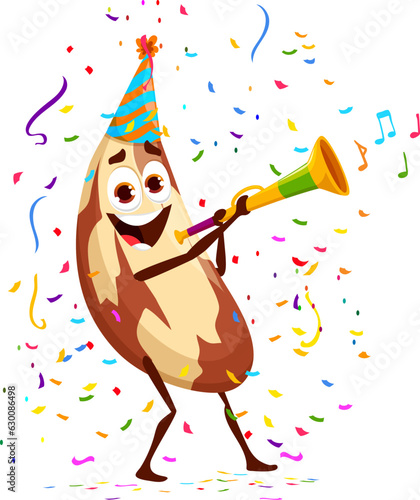 Cartoon brazilian nut character on holiday and birthday party. Isolated vector fun-loving seed personage wear festive hat, tooting a vuvuzela, adding excitement and music to festive event celebration