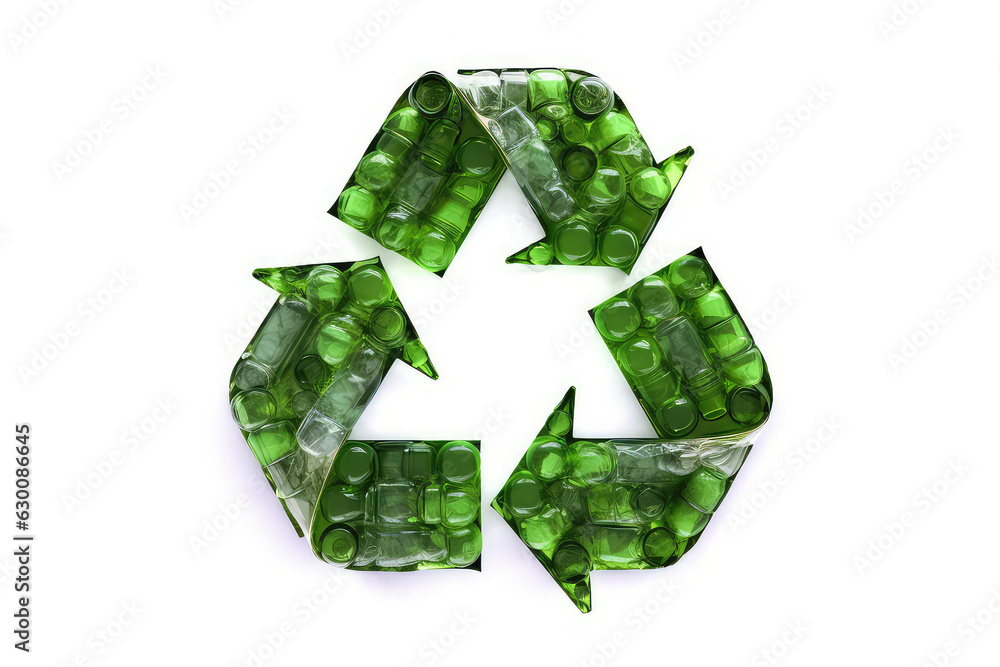 Recycling sign made from plastic and glass bottles isolated on white background, cutout 3d render illustration, symbol icon. Recycling sign made from plastic and glass bottles isolated on white background, cutout 3d render illustration, symbol icon.