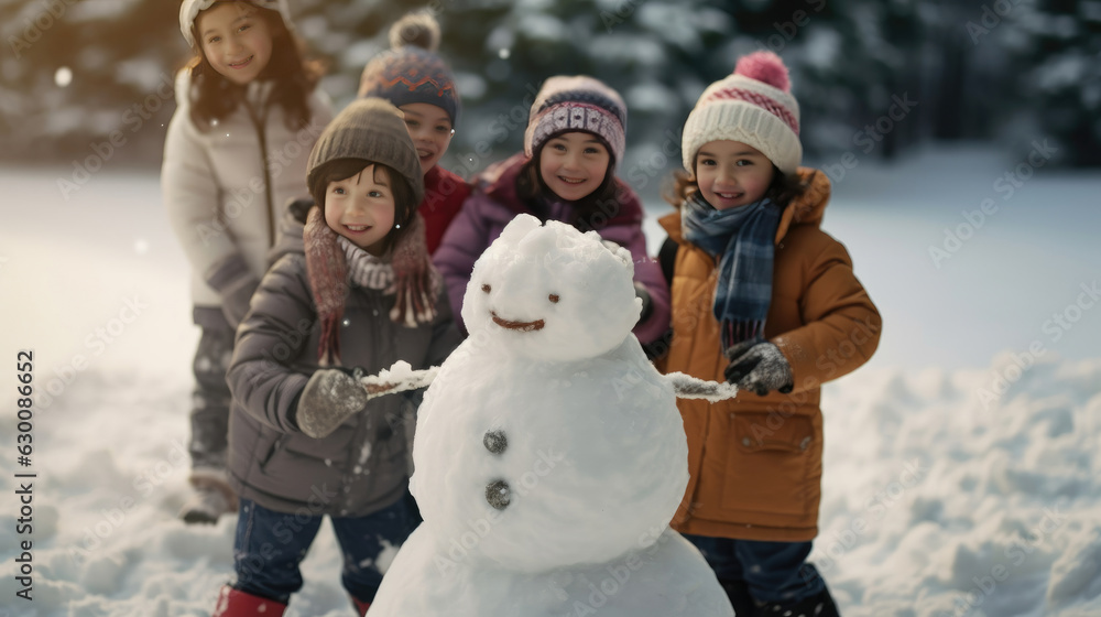A group of children happily decorated a snowman with colorful scarves, hats and accessories. Snowman and children during christmas winter