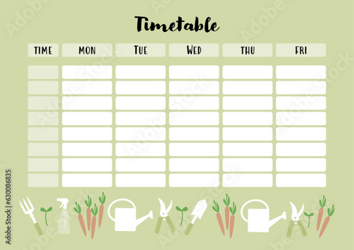 Weekly planner, school timetable with gardening theme.